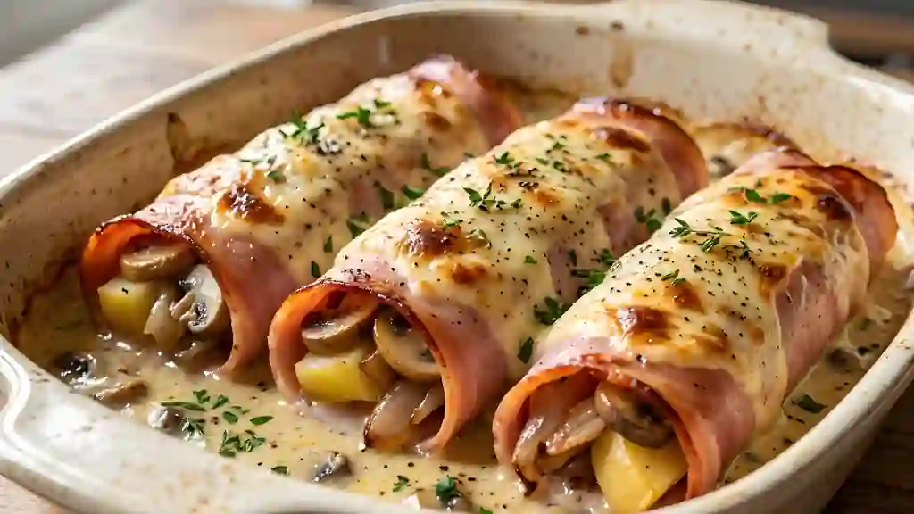 Roulés de jambon crémeux, pommes et champignons - Photo de présentation