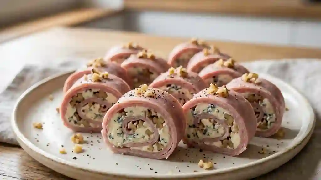 Roulés fondants jambon-roquefort aux noix - Photo de présentation