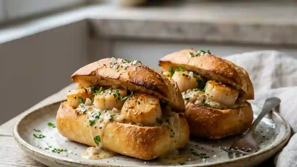 Saint-Jacques crémeuses en croûte de pain - Photo de présentation
