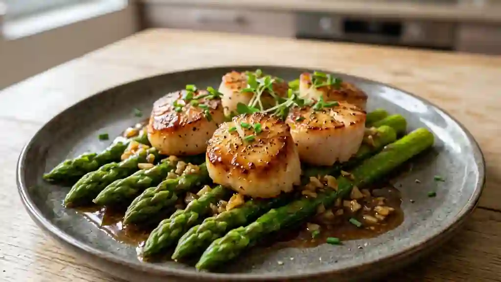 Saint-Jacques snakées et asperges croquantes - Photo de présentation