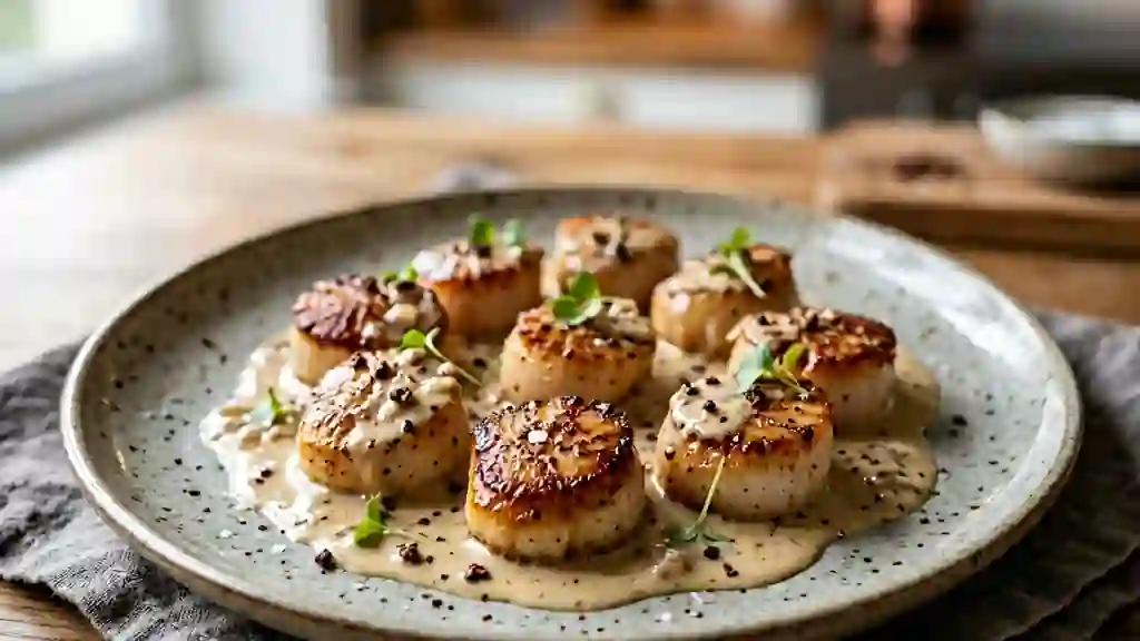 Saint-Jacques Snackées, Crème au Saké et Poivre - Photo de présentation