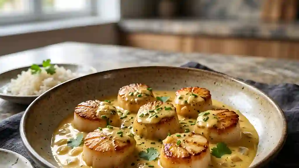 Saint-Jacques poêlées, crème veloutée au curry - Photo de présentation