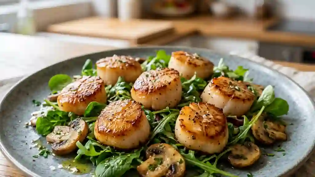Saint-Jacques snackées et champignons dorés - Photo de présentation