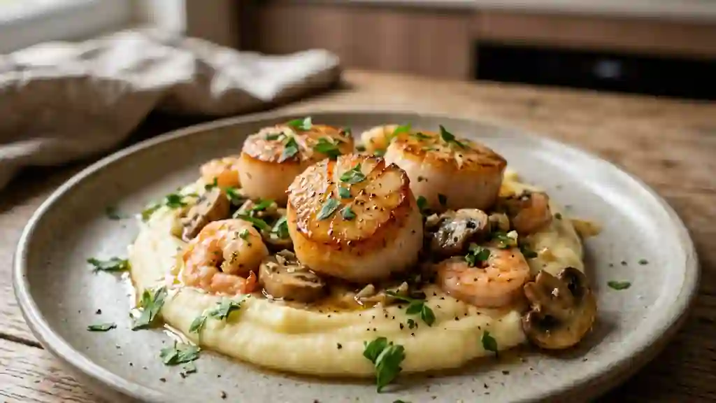 Saint-Jacques et crevettes sur purée veloutée - Photo de présentation