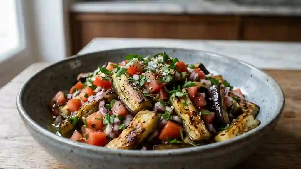 Salade d'aubergines rôties, citron et ail frais - Photo de présentation