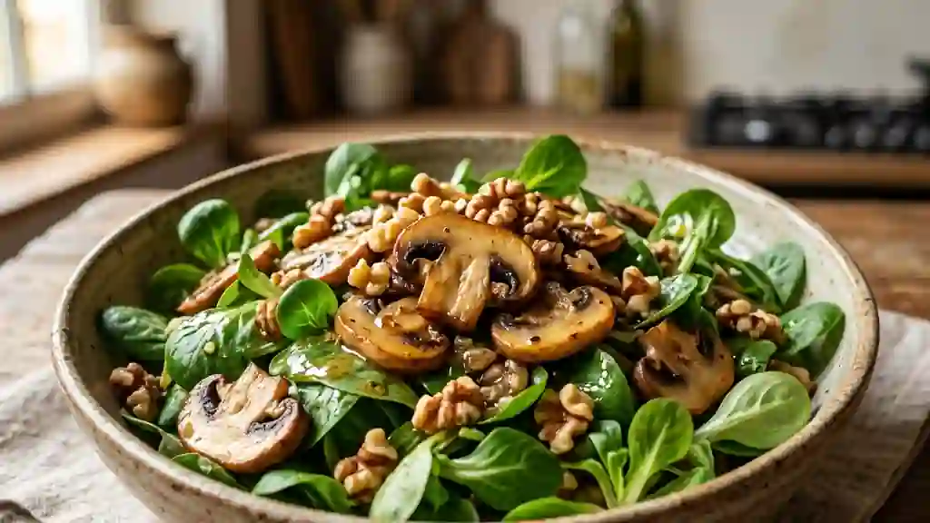 Salade forestière aux champignons poêlés et noix - Photo de présentation