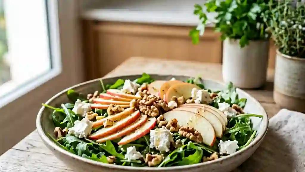 Salade croquante aux pommes, noix et chèvre frais - Photo de présentation