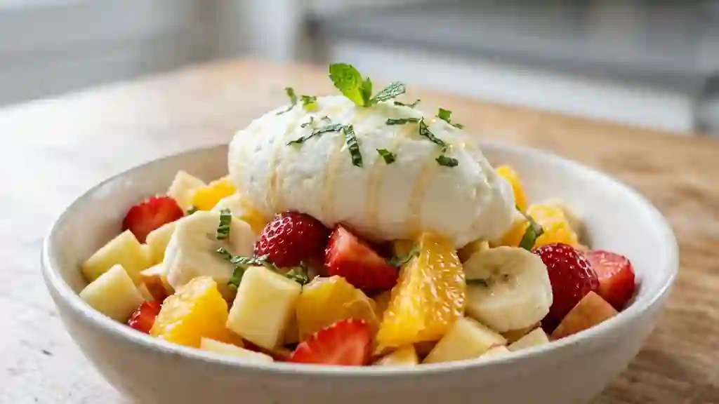 Salade de fruits frais et mousse onctueuse - Photo de présentation