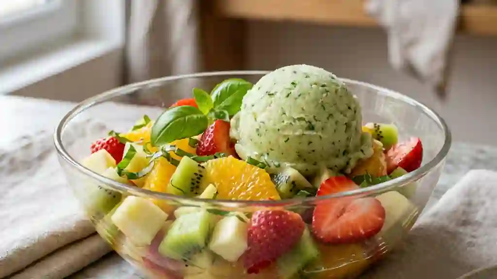 Salade de fruits givrée au basilic frais - Photo de présentation