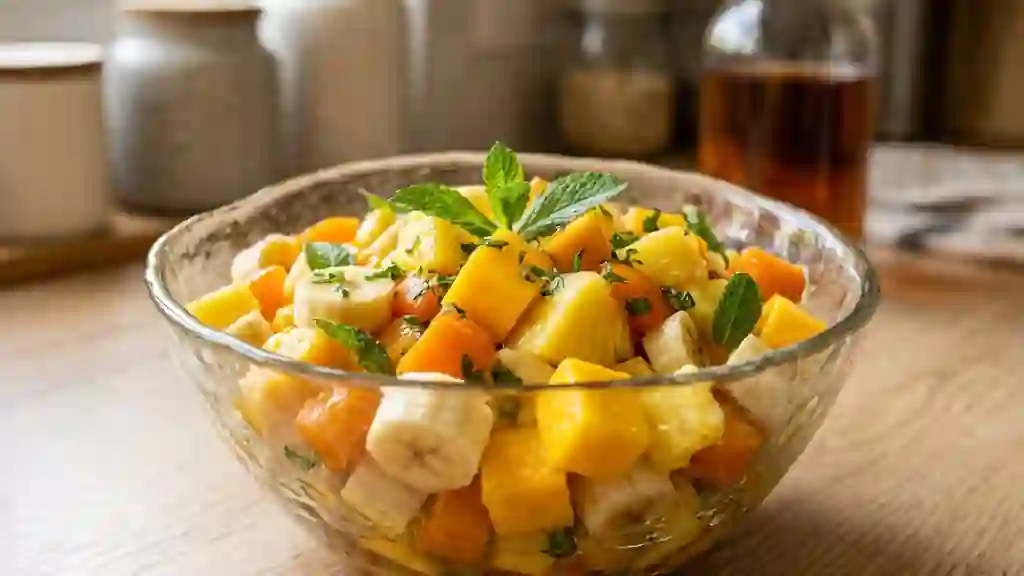 Fruits jaunes infusés au rhum et menthe fraîche - Photo de présentation
