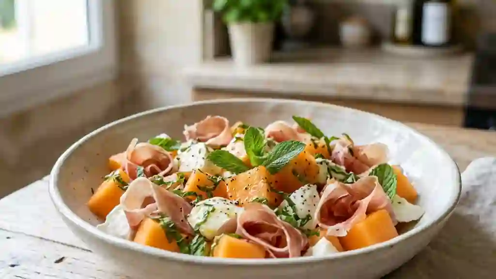 Salade de melon, parme et mozzarella fraîche - Photo de présentation