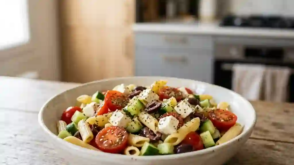 Penne à la grecque, feta crémeuse et origan - Photo de présentation