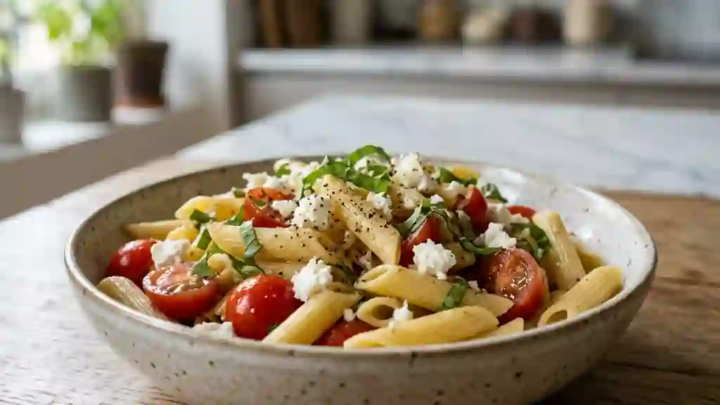 Penne fraîches au chèvre fondant et basilic - Photo de présentation
