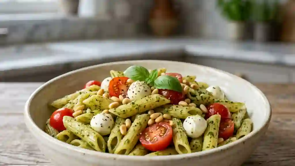 Penne au pesto, mozzarella et pignons grillés - Photo de présentation
