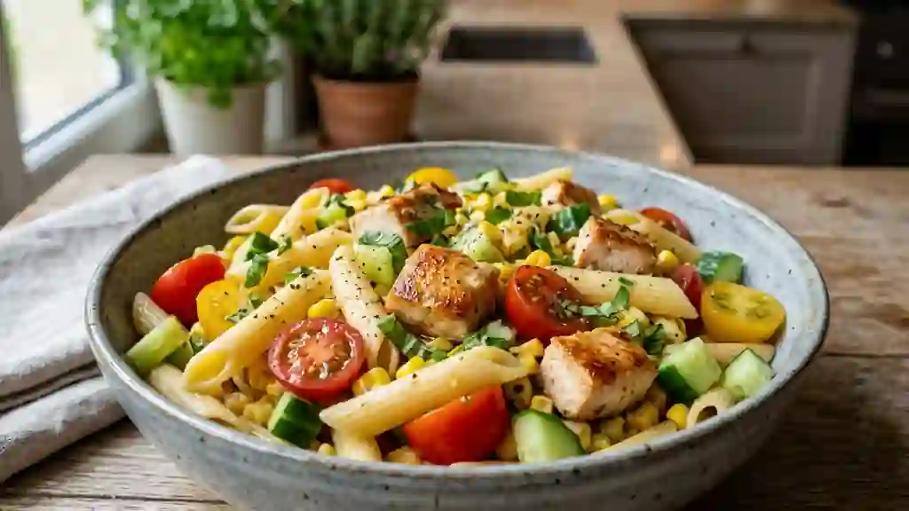 Penne au poulet grillé et légumes croquants - Photo de présentation
