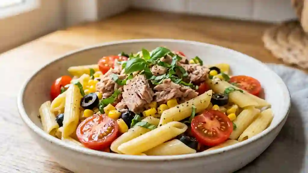 Penne au thon, maïs et basilic frais - Photo de présentation