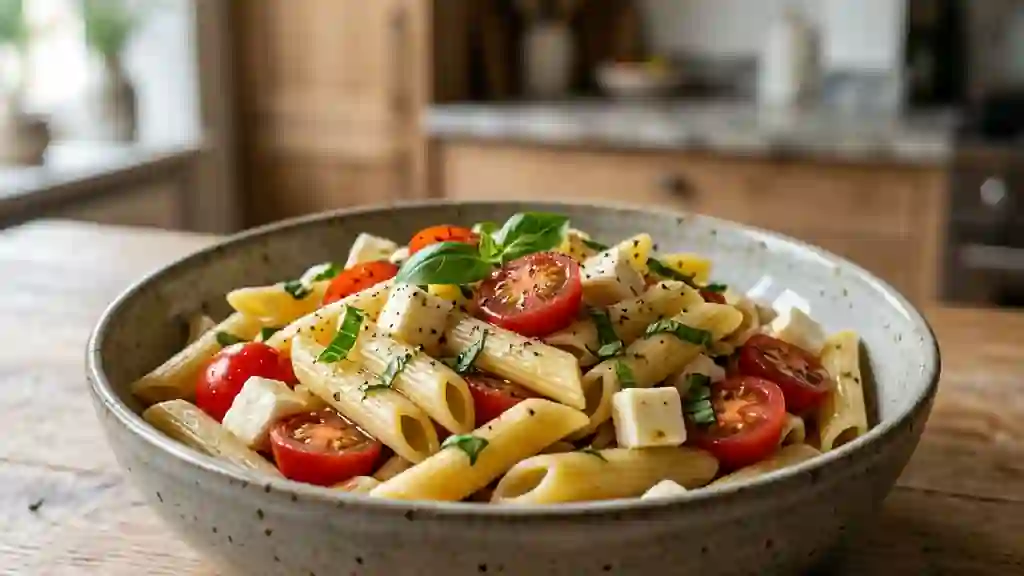 Penne Caprese à la Mozzarella et Basilic Frais - Photo de présentation
