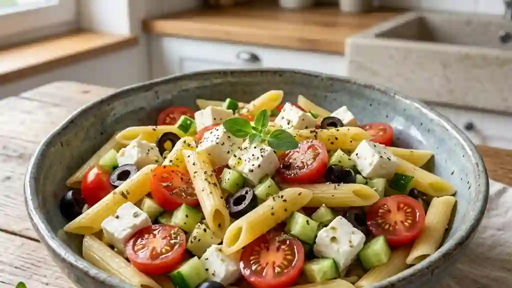 Salade de pâtes feta et légumes croquants - Photo de présentation