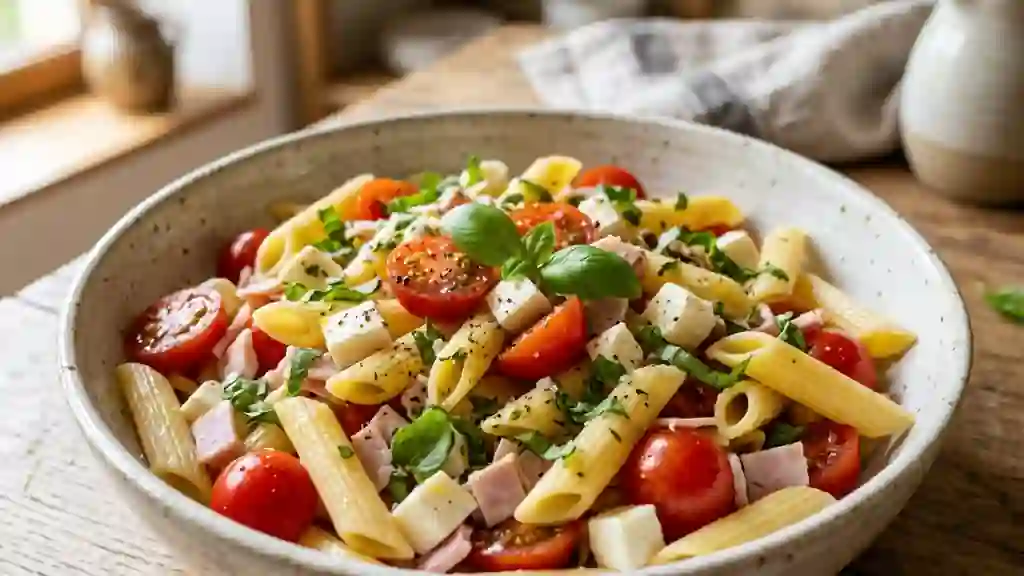 Penne fraîches, mozzarella fondante et basilic - Photo de présentation