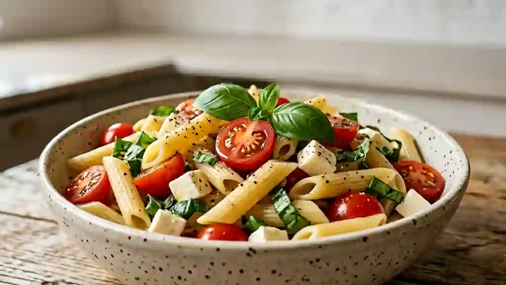 Penne al dente, mozzarella fondante et basilic - Photo de présentation