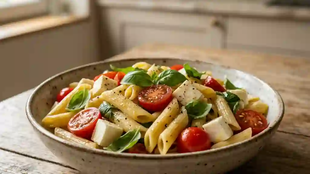 Penne à l'italienne, mozzarella et basilic frais - Photo de présentation
