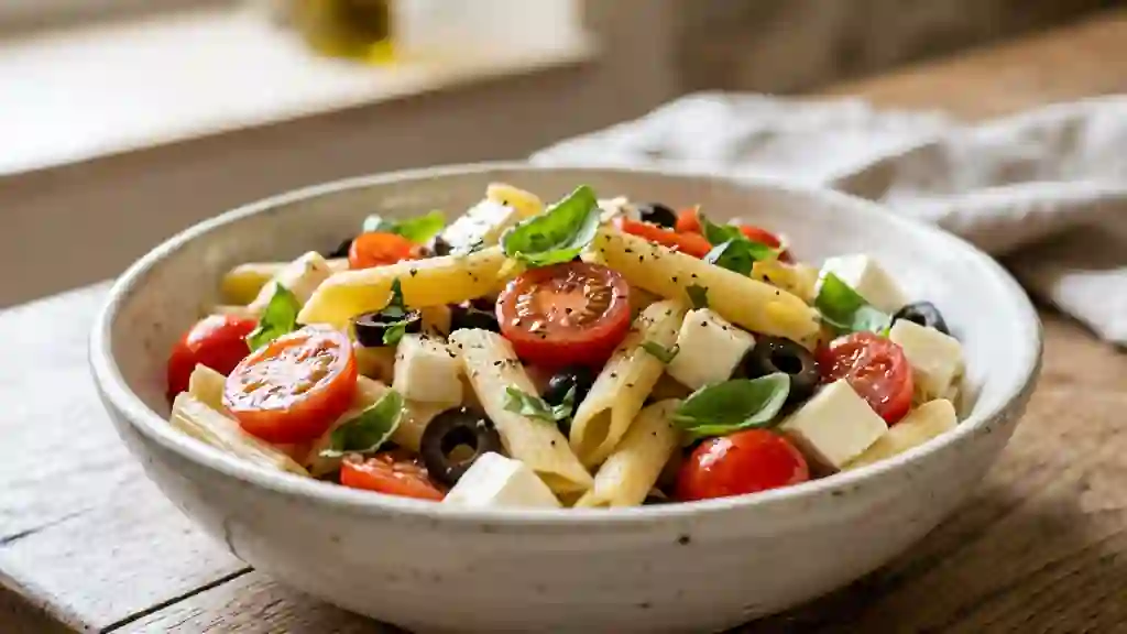 Penne croquantes, mozzarella et basilic frais - Photo de présentation