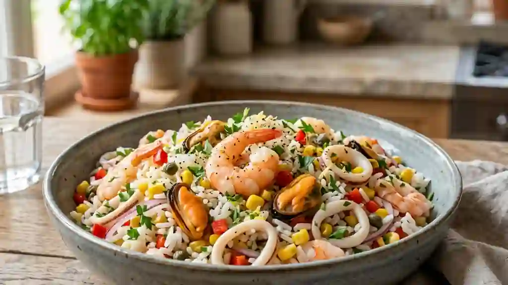 Salade de riz iodée aux crevettes et calamars - Photo de présentation