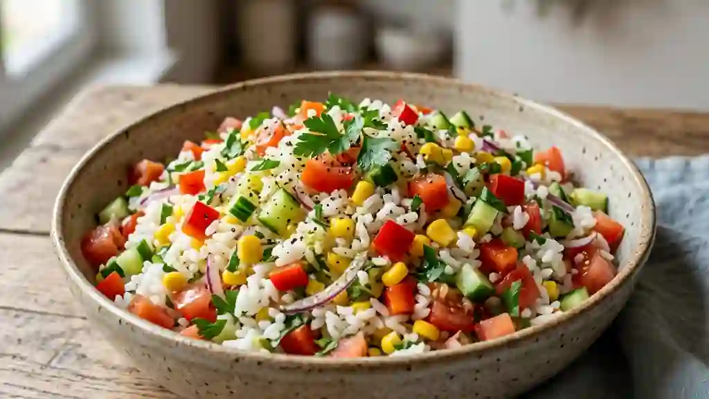 Salade de riz maraîchère fraîche et croquante - Photo de présentation