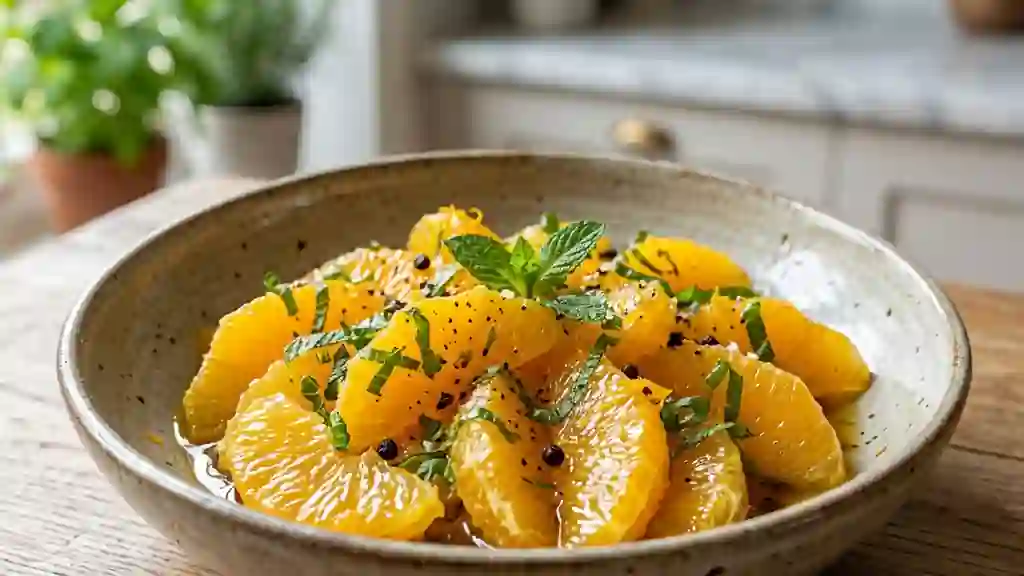 Salade d'oranges juteuse au miel et menthe - Photo de présentation
