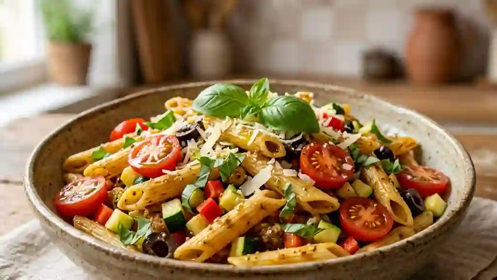 Penne au pesto rosso et légumes croquants - Photo de présentation