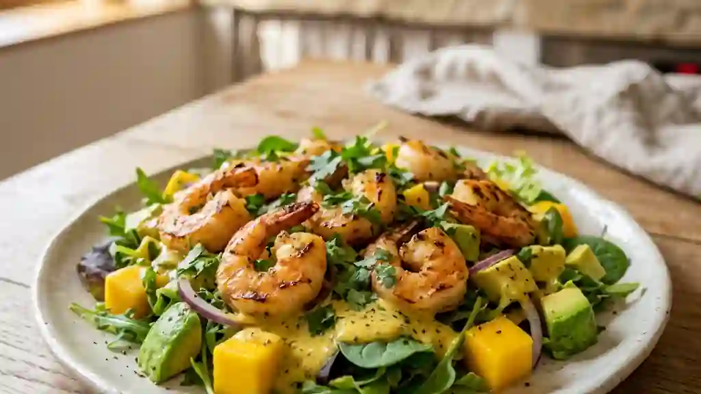 Gambas snackées, mangue et sauce curry soyeuse - Photo de présentation