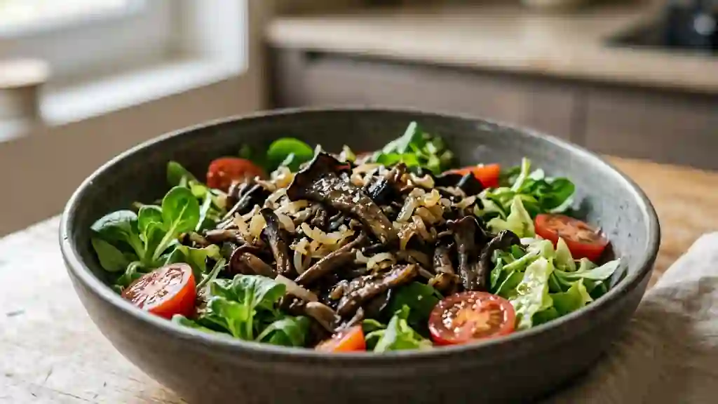 Salade croquante aux trompettes de la mort poêlées - Photo de présentation