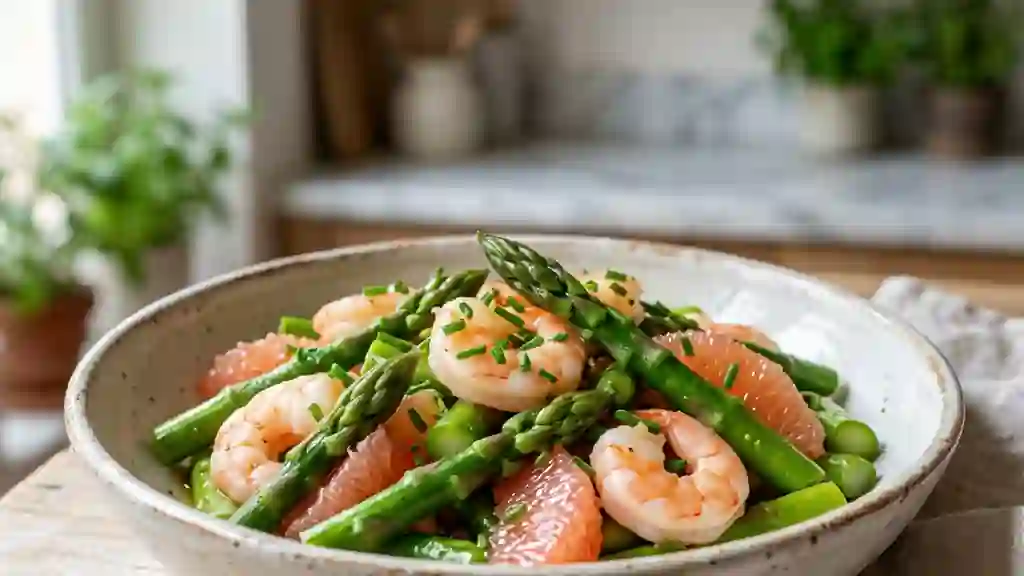Asperges vertes croquantes aux crevettes et agrumes - Photo de présentation