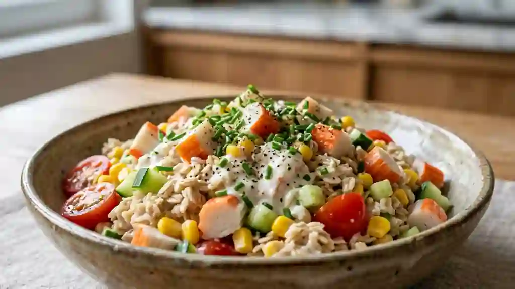 Bol d'avoine frais au surimi et sauce yaourt - Photo de présentation
