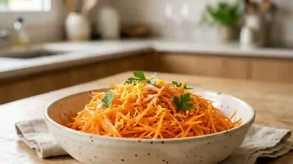 Carottes râpées croquantes au citron et sucre - Photo de présentation