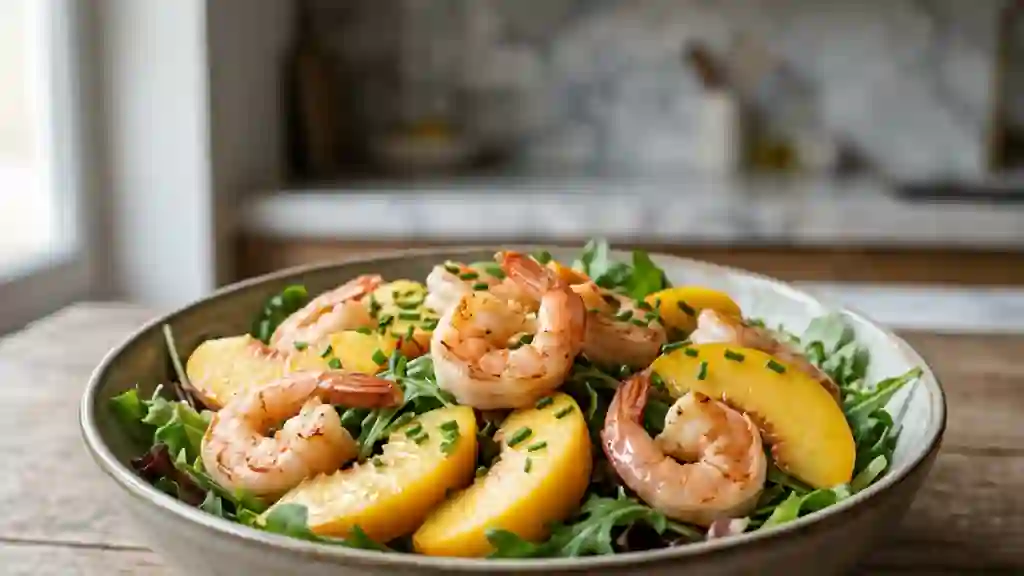 Crevettes et pêches juteuses au miel citronné - Photo de présentation