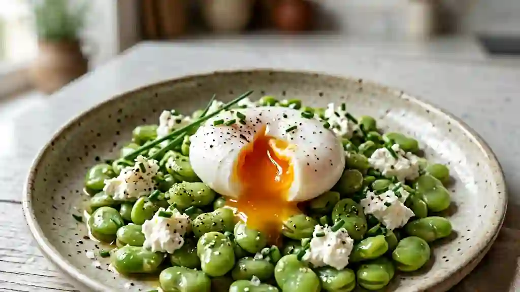 Fèves tendres, chèvre frais et œuf coulant - Photo de présentation