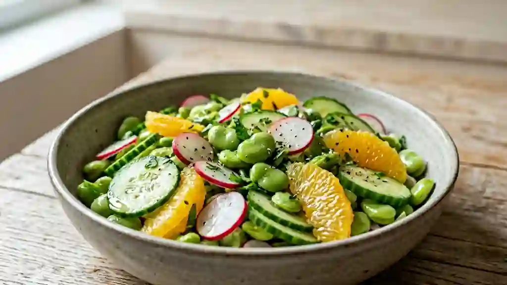 Salade fraîche fèves, radis et éclats d'orange - Photo de présentation