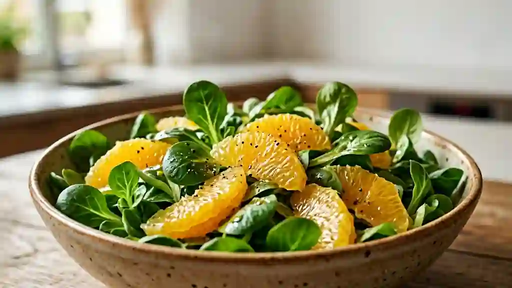 Mâche croquante et suprêmes d'orange acidulés - Photo de présentation