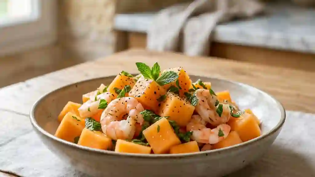 Melon juteux et crevettes à la menthe - Photo de présentation
