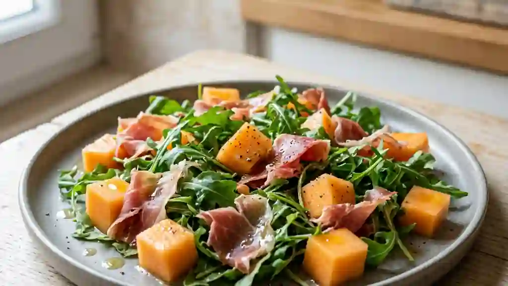 Melon frais, jambon cru et roquette croquante - Photo de présentation