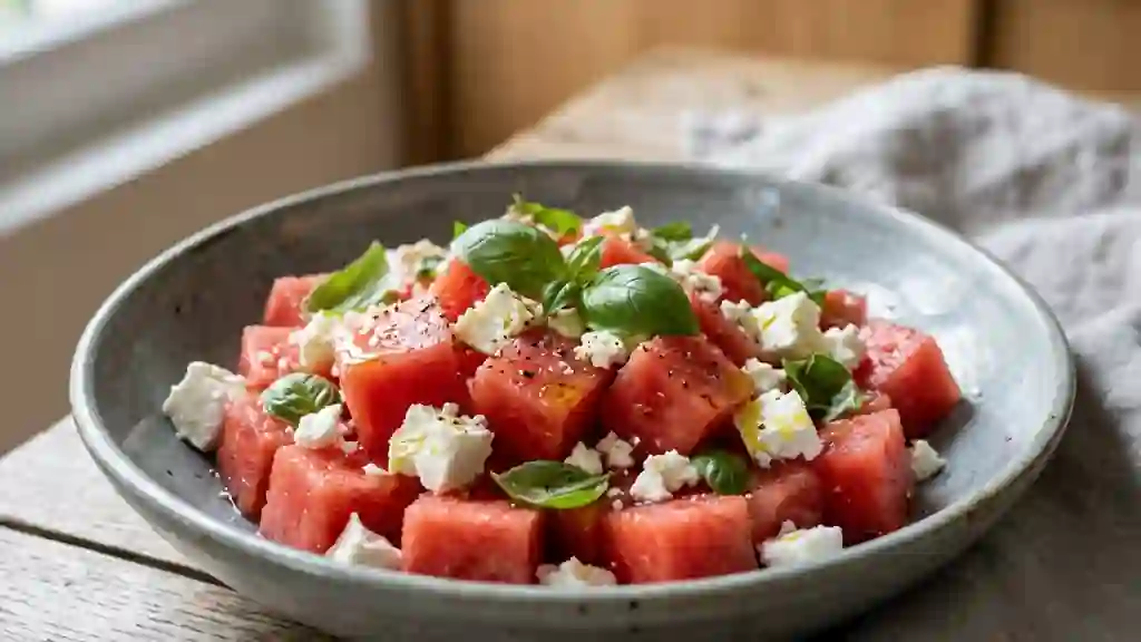 Pastèque Croquante et Feta Fondante au Basilic - Photo de présentation
