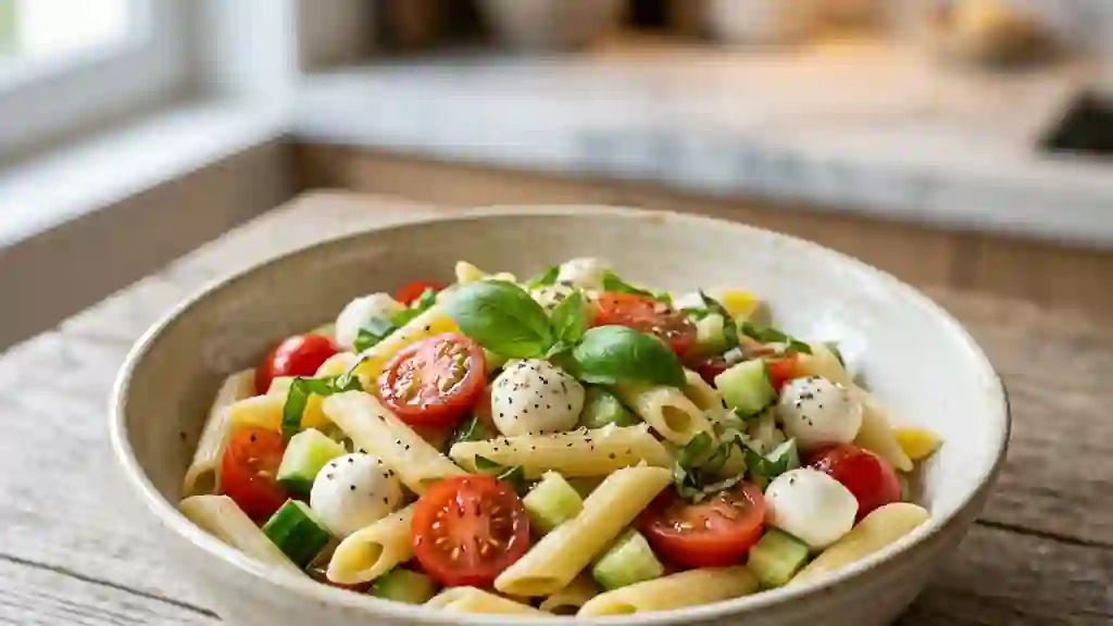 Penne fraîches au basilic et mozzarella - Photo de présentation