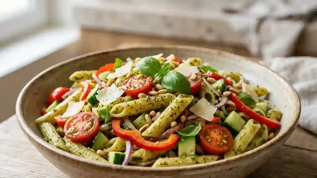 Penne au pesto basilic et légumes croquants - Photo de présentation