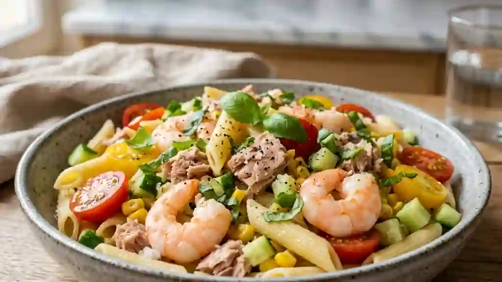 Salade de penne croquante au thon et crevettes - Photo de présentation