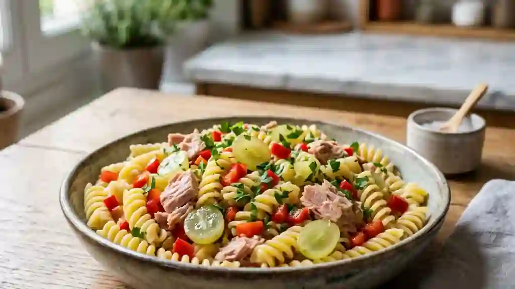 Pâtes au thon, poivron et raisins croquants - Photo de présentation