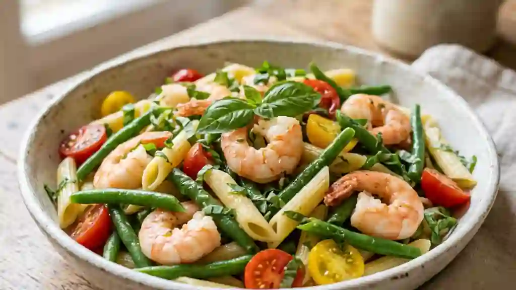 Penne fraîches aux crevettes, citron et basilic - Photo de présentation