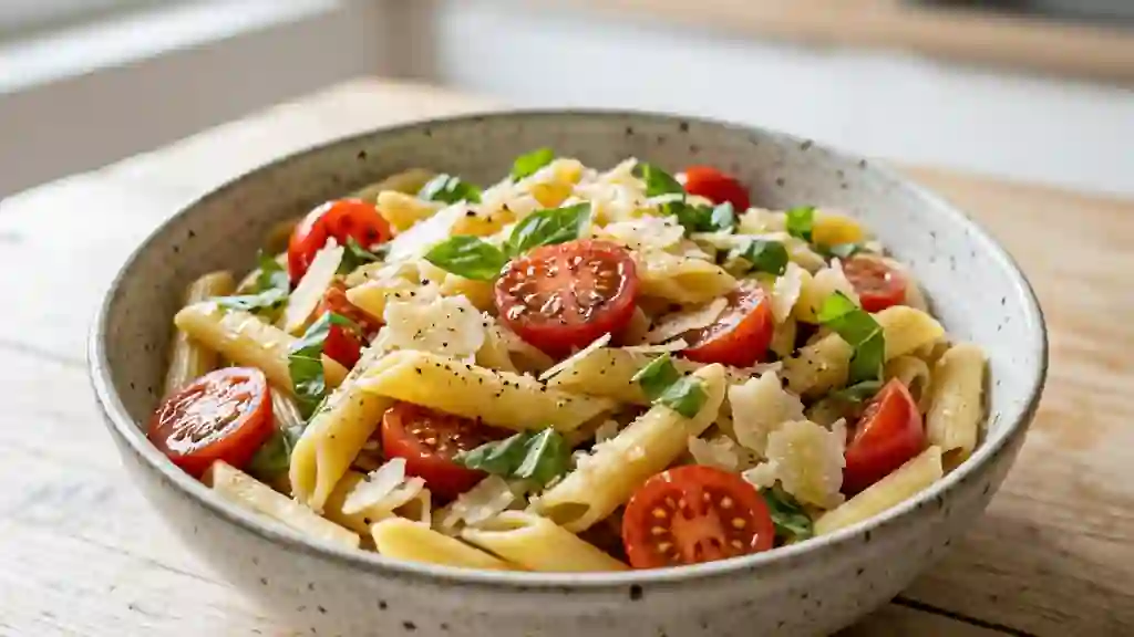 Penne fraîches aux tomates et parmesan - Photo de présentation
