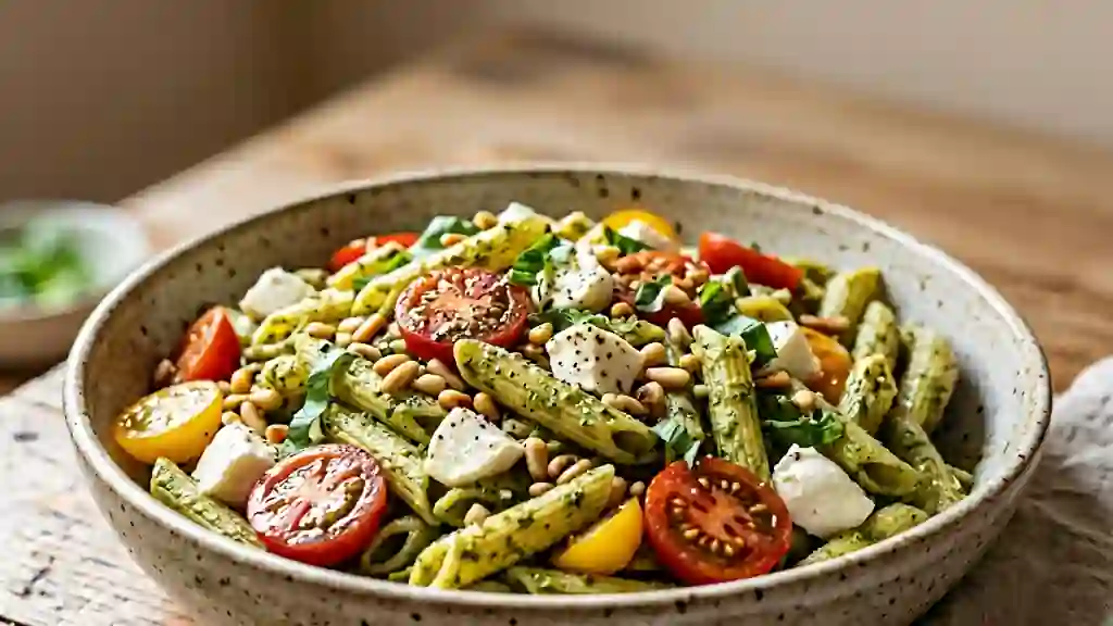 Penne au pesto frais et mozzarella crémeuse - Photo de présentation