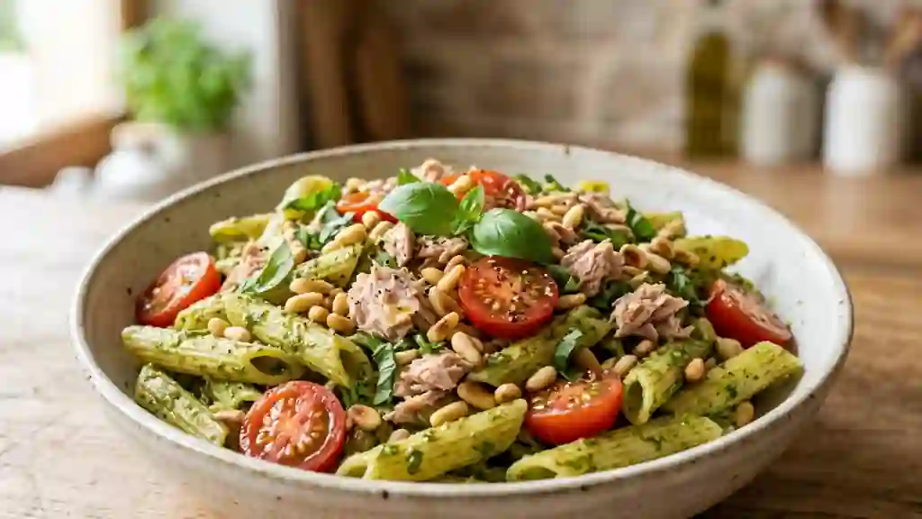Penne au thon, pesto frais et pignons grillés - Photo de présentation